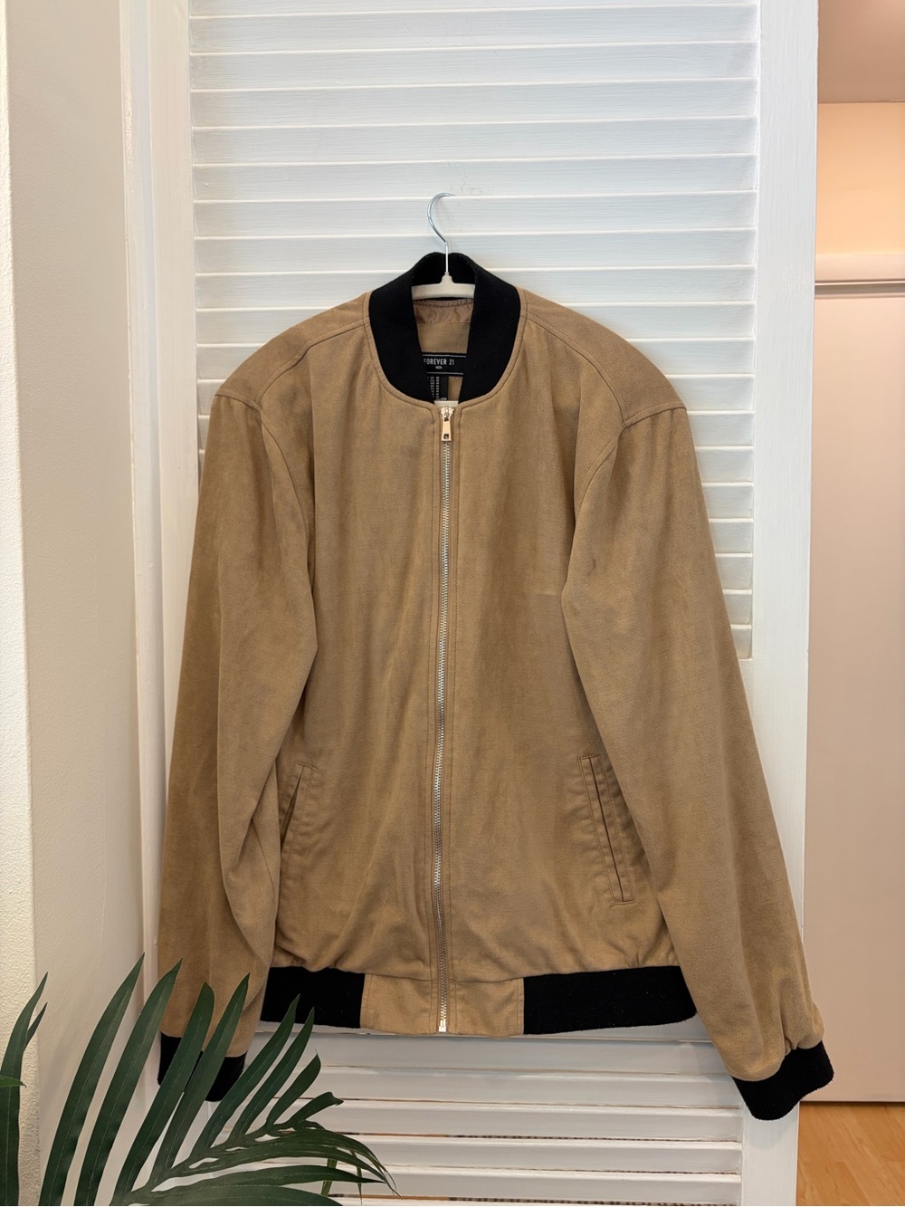 Forever 21 Tan Suede-Look Bomber Jacket with Black Trim